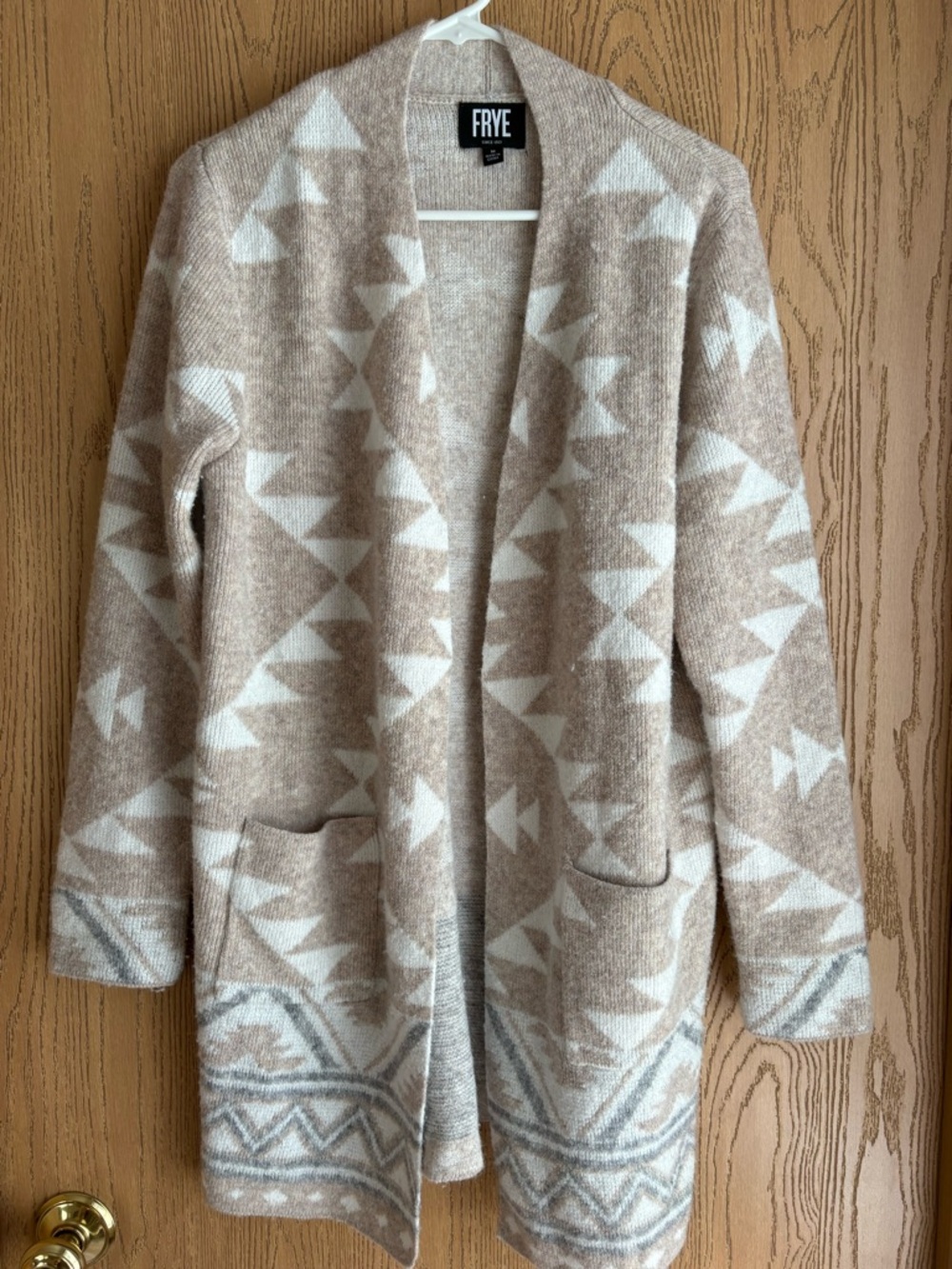 FRYE Beige & White Geometric Open-Front Cardigan